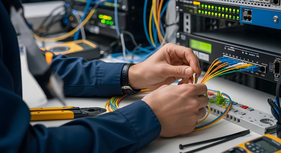 Femme blonde travaillant sur ordinateur portable dans bureau lumineux, concentrée sur écran, posture penchée en avant