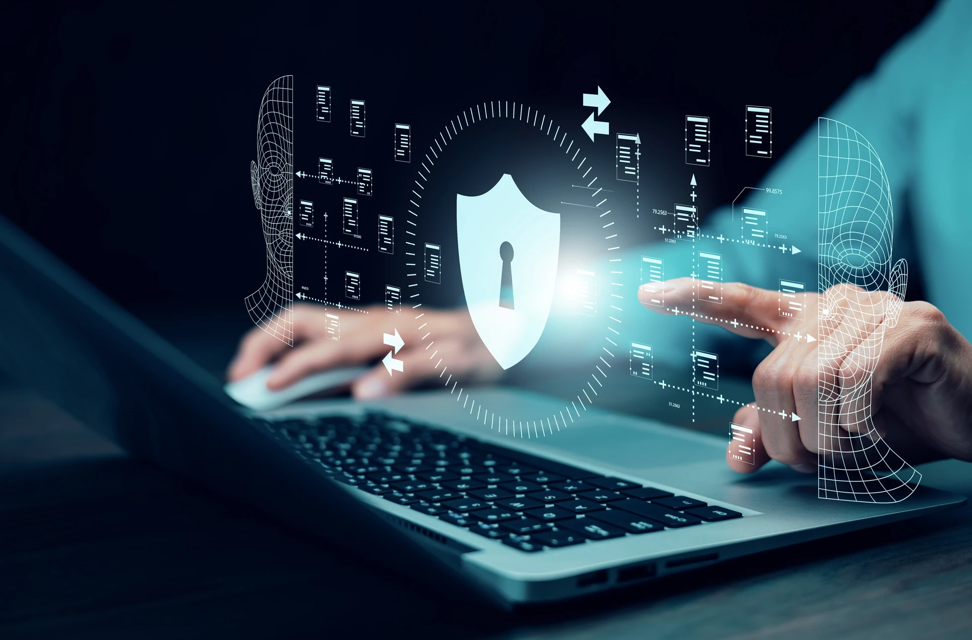 Scène sur fond noir avec bouclier de protection blanc et cadenas bleu flottant au centre, entouré de bulles contenant des pirates informatiques stylisés portant masques et bonnets noirs