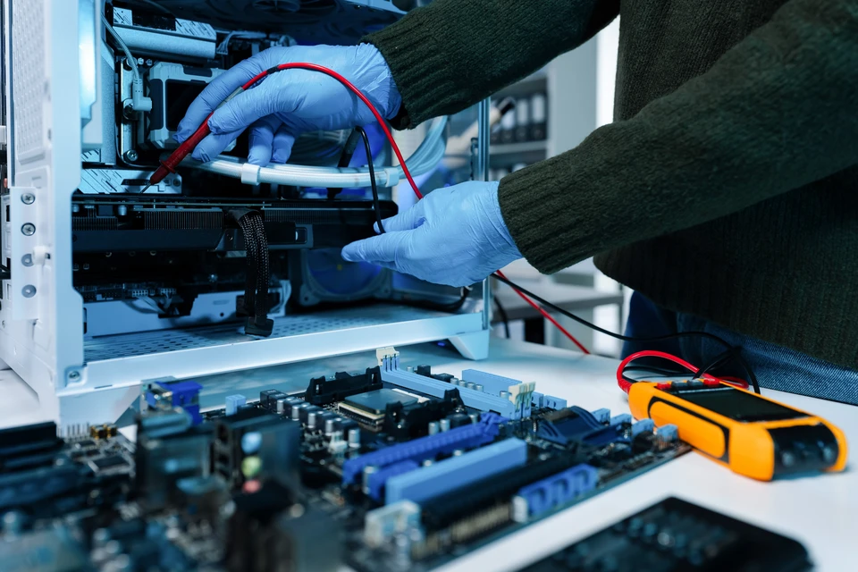 Bureau moderne avec personne tapant sur ordinateur portable affichant interface web de blog