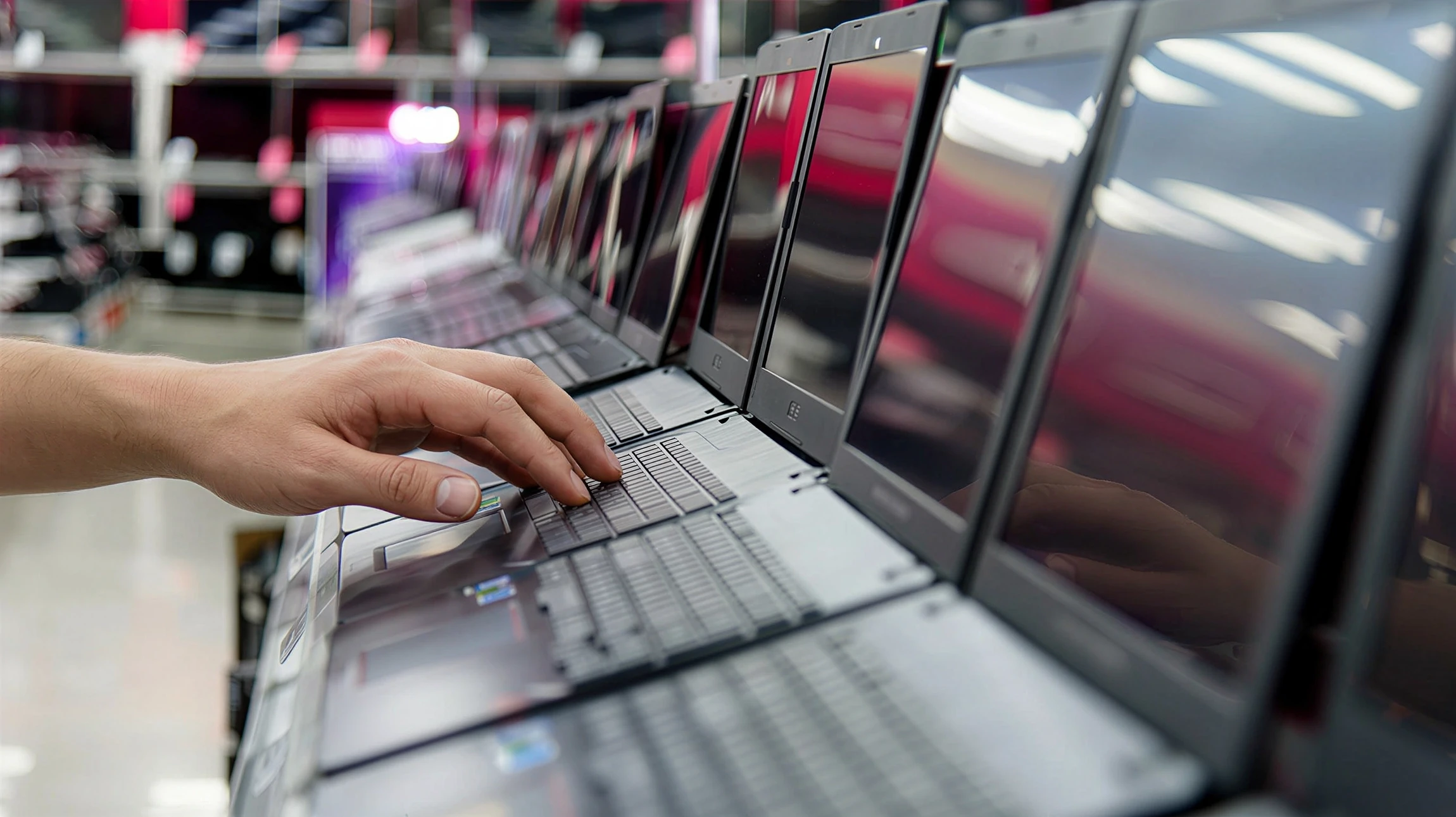 Mains tapant sur clavier d'ordinateur noir, doigts positionnés sur touches en action de frappe